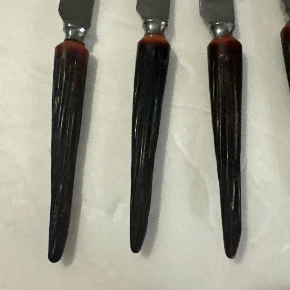 6 VTG Mid Century Sheffield England Stainless Steak Knive Faux Stag Horn Handles